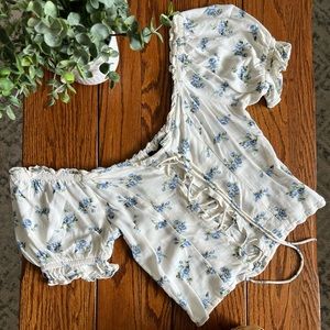 American Eagle Off-The-Shoulder Lace Up Floral Top